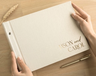 Livro de assinaturas personalizado para casamento | Livro personalizado para chá de panela | Livro de assinaturas de casamento em linho | 100 páginas em branco ou pautadas | Presente de casamento exclusivo