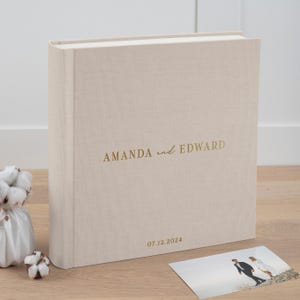 Álbum de fotos de boda grande / Álbum de recortes de lino personalizado / Libro de recuerdos encuadernado en forma de libro tradicional / Regalo único de aniversario de boda / 12 x 12 pulgadas