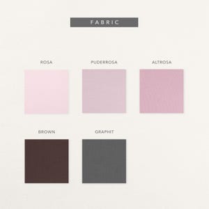 May include: Fabric color swatches in shades of pink, brown, and gray. The colors are labeled "Rosa," "Puderrosa," "Altrosa," "Brown," and "Graphit." The word "FABRIC" is displayed in a gray rectangle at the top.
