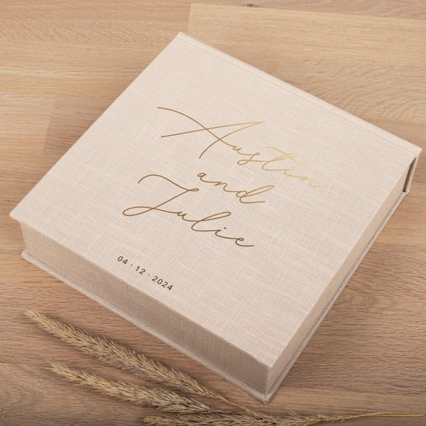 Boîte souvenir de mariage en lin | Boîte mémoire personnalisée | Grande boîte cadeau pour la mariée | Porte-cartes de mariage | Fabriqué à la main en Europe