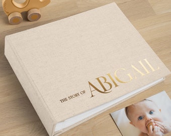 Eerstejaars babygeheugenboek | Gepersonaliseerde linnen babyfotoalbum | Modern kraamcadeau | Verhaal over jou Plakboek | 40 blanco pagina's