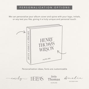 May include: An illustrated album cover with the name "HENRY THOMAS WILSON" and the date "July 8th, 2026". The spine reads "HENRY'S FIRST YEAR". The image also shows personalization ideas with different font styles and names.