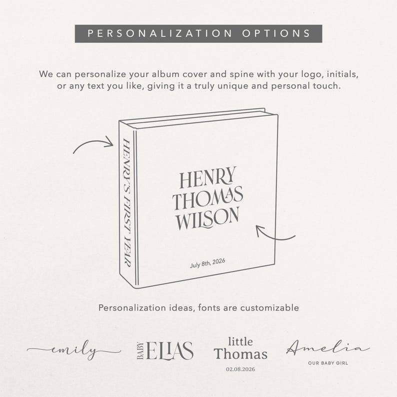 May include: An illustrated album cover with the name "HENRY THOMAS WILSON" and the date "July 8th, 2026". The spine reads "HENRY'S FIRST YEAR". The image also shows personalization ideas with different font styles and names.