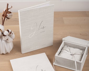 Personalized Linen Ring Box and Two Vow Books | Wedding Ring Box with Removable Ring Bearer Pillow + 2 Vow Booklets | Best Seller Gift