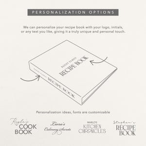 May include: A light-colored recipe book with the text "BAILEY FAMILY RECIPE BOOK" is shown. The image also displays examples of personalized text options, including "Kyle's COOK BOOK" and "Liora's Culinary Secrets". The text "PERSONALIZATION OPTIONS" is at the top.