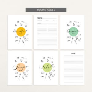 May include: White recipe pages with black line art illustrations of cooking utensils and food items. The pages are labeled "Breakfast," "Dinner," "Soups," and "Salads." The top of the image reads "Recipe Pages."