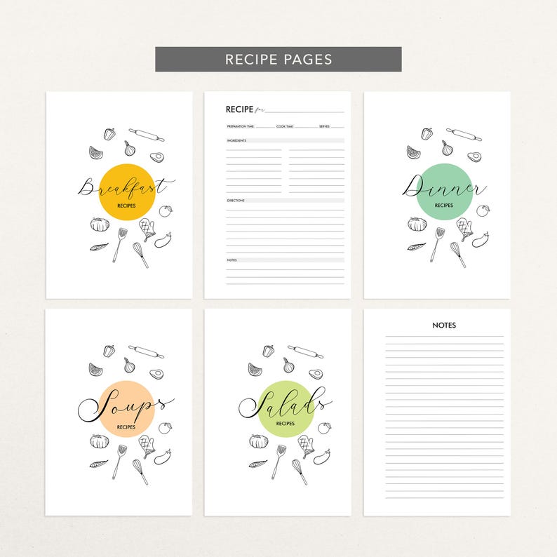 May include: White recipe pages with black line art illustrations of cooking utensils and food items. The pages are labeled "Breakfast," "Dinner," "Soups," and "Salads." The top of the image reads "Recipe Pages."