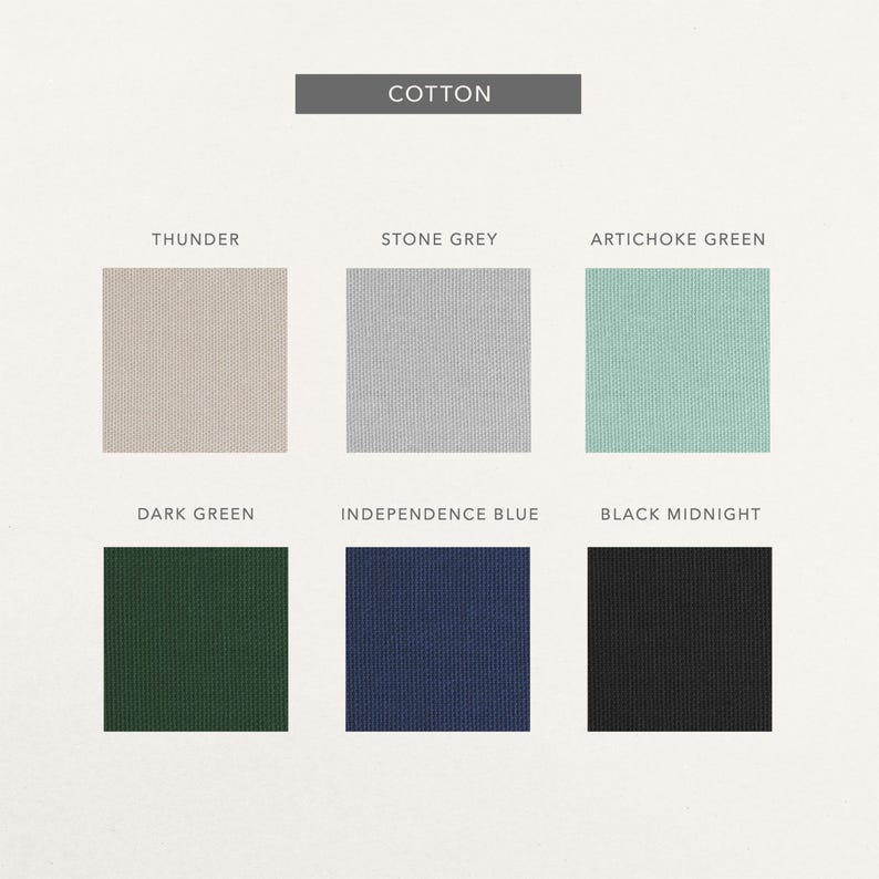 May include: A color palette of six cotton fabric swatches. The colors include Thunder, Stone Grey, Artichoke Green, Dark Green, Independence Blue, and Black Midnight. The word "COTTON" is displayed above the swatches.