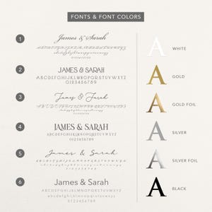 May include: An image displaying font styles and colours. The text "FONTS & FONT COLOURS" is at the top. Six font styles are shown with the names "James & Sarah" and "Jeny & Ferah". Colour options include white, gold, gold foil, silver, silver foil, and black.