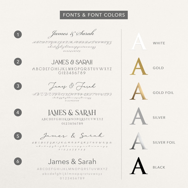 May include: An image displaying font styles and colours. The text "FONTS & FONT COLOURS" is at the top. Six font styles are shown with the names "James & Sarah" and "Jeny & Ferah". Colour options include white, gold, gold foil, silver, silver foil, and black.
