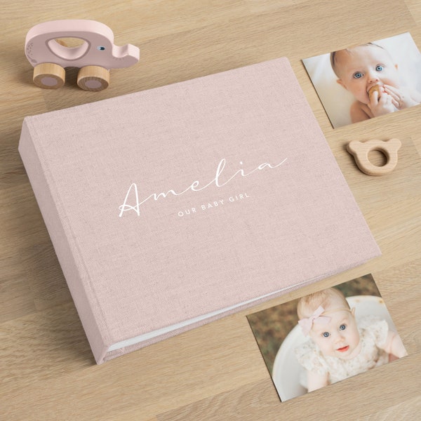 Livre de souvenirs pour bébé | Album photo personnalisé pour bébé en lin | Cadeau de baby shower moderne | histoire de vous Scrapbook | 40 pages blanches