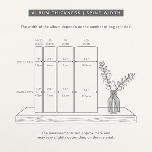 May include: A diagram titled ALBUM THICKNESS | SPINE WIDTH showing four album spines of increasing width labeled 10/20, 50, 70, and 100 sheets. Each spine lists measurements in inches and centimeters for white and black sheets. A vase with leaves is shown.