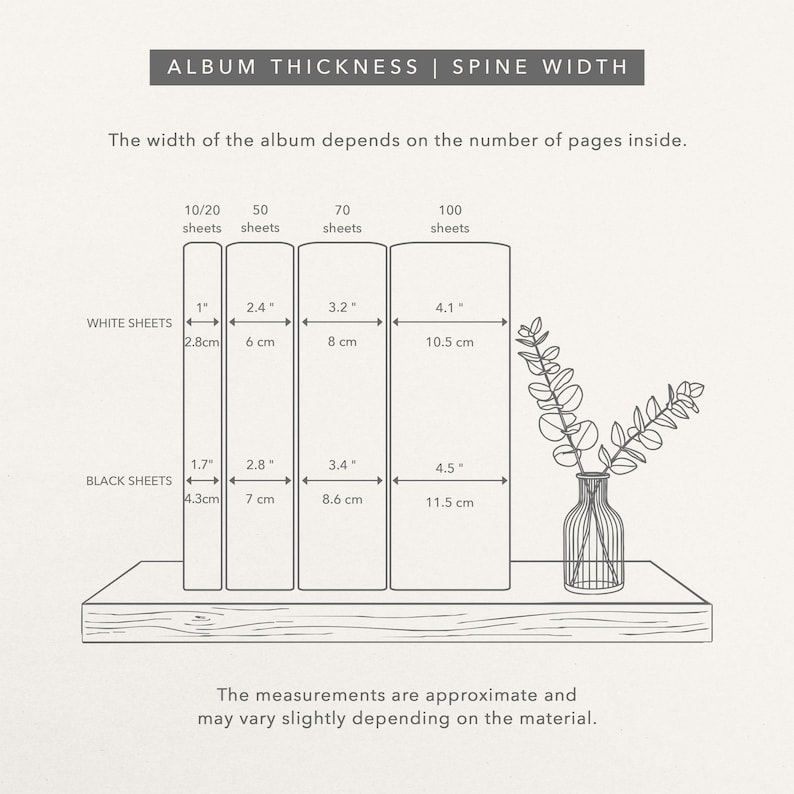 May include: A diagram titled ALBUM THICKNESS | SPINE WIDTH showing four album spines of increasing width labeled 10/20, 50, 70, and 100 sheets. Each spine lists measurements in inches and centimeters for white and black sheets. A vase with leaves is shown.