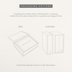 May include: An illustration of packaging options: a box and a slipcase. The box is open, revealing a book with the text "HERE, THERE, ALWAYS." The slipcase holds two books labeled "I" and "II." The text at the top reads "PACKAGING OPTIONS."