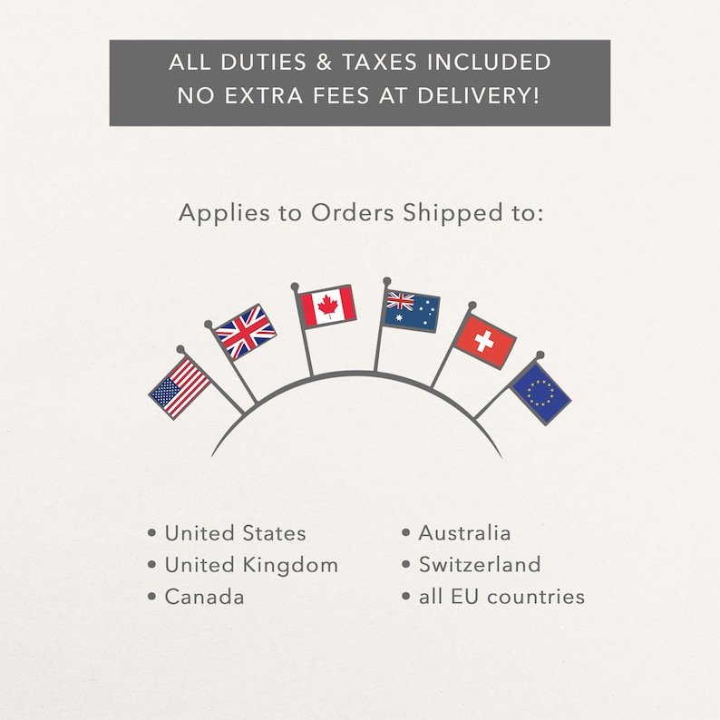 May include: Image with text: "ALL DUTIES & TAXES INCLUDED NO EXTRA FEES AT DELIVERY!" and "Applies to Orders Shipped to:" followed by flags of the United States, United Kingdom, Canada, Australia, Switzerland, and the EU.