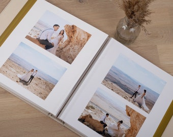 Álbum de fotos de boda autoadhesivo / Álbum de recortes personalizado de tamaño extra grande / Libro de recuerdos de lino natural / Regalo de aniversario de boda moderno