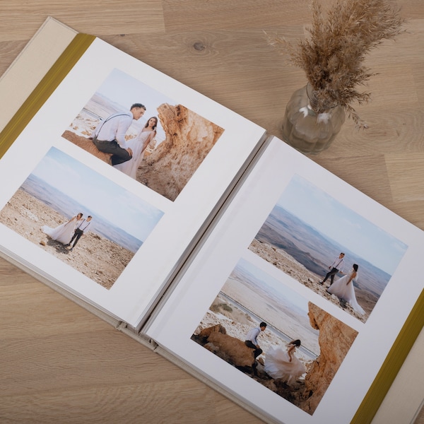 Zelfklevend trouwfotoalbum | Extra groot formaat gepersonaliseerd plakboek | Natuurlijk linnen geheugenboek | Moderne huwelijksverjaardag cadeau