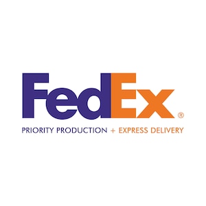 May include: The FedEx logo features the word FedEx in purple and orange lettering. The letters Fed are purple, and the letters Ex are orange. Below the logo, the text reads PRIORITY PRODUCTION + EXPRESS DELIVERY in a smaller font.
