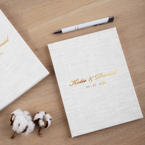 Vow Books Set of 2 | Her Vows His Vows | Linen White and Gold Vow Booklets | Personalised Wedding Vow Books | Hard Cover Vow Booklets