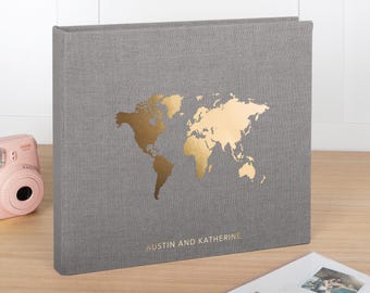 Personalisiertes Fotoalbum | Reisealbum mit Weltkarte | Rustikaler 3-Ring-Ordner | Familienerinnerungsbuch