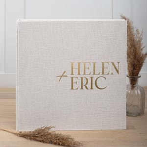 Álbum de fotos de boda autoadhesivo / Álbum de recortes personalizado de tamaño extragrande / Libro de recuerdos de lino natural / Regalo moderno de aniversario de bodas