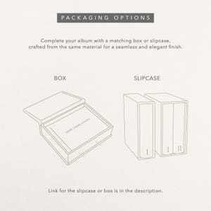 May include: An illustration of album packaging options: a box and a slipcase. The box is open, displaying the text "HERE, THERE, ALWAYS". The slipcase holds two albums, marked "I" and "II". The text "PACKAGING OPTIONS" is at the top.