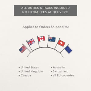 May include: A graphic display featuring the text ALL DUTIES & TAXES INCLUDED NO EXTRA FEES AT DELIVERY! above an arc of six flags representing the United States, United Kingdom, Canada, Australia, Switzerland, and the European Union, with a list below.