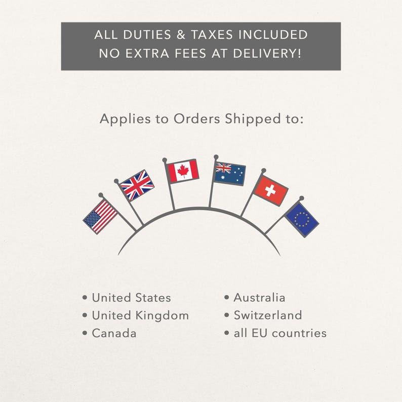 May include: A graphic display featuring the text ALL DUTIES & TAXES INCLUDED NO EXTRA FEES AT DELIVERY! above an arc of six flags representing the United States, United Kingdom, Canada, Australia, Switzerland, and the European Union, with a list below.