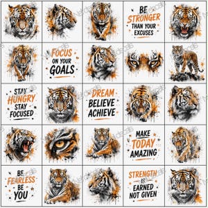 Op de afbeelding: Een verzameling van twintig vierkante stickers met tijgerillustraties en motiverende teksten zoals Be Stronger Than Your Excuses, Focus On Your Goals, Stay Hungry Stay Focused, Dream Believe Achieve, Make Today Amazing, Be Fearless Be You en Strength Is Earned Not Given.