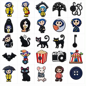 Peut inclure: Une collection de breloques de chaussures color&eacute;es repr&eacute;sentant des personnages et des symboles du film d'animation Coraline. Comprend des breloques de Coraline, un chat noir, une chauve-souris, un chapiteau et une bo&icirc;te de pop-corn.