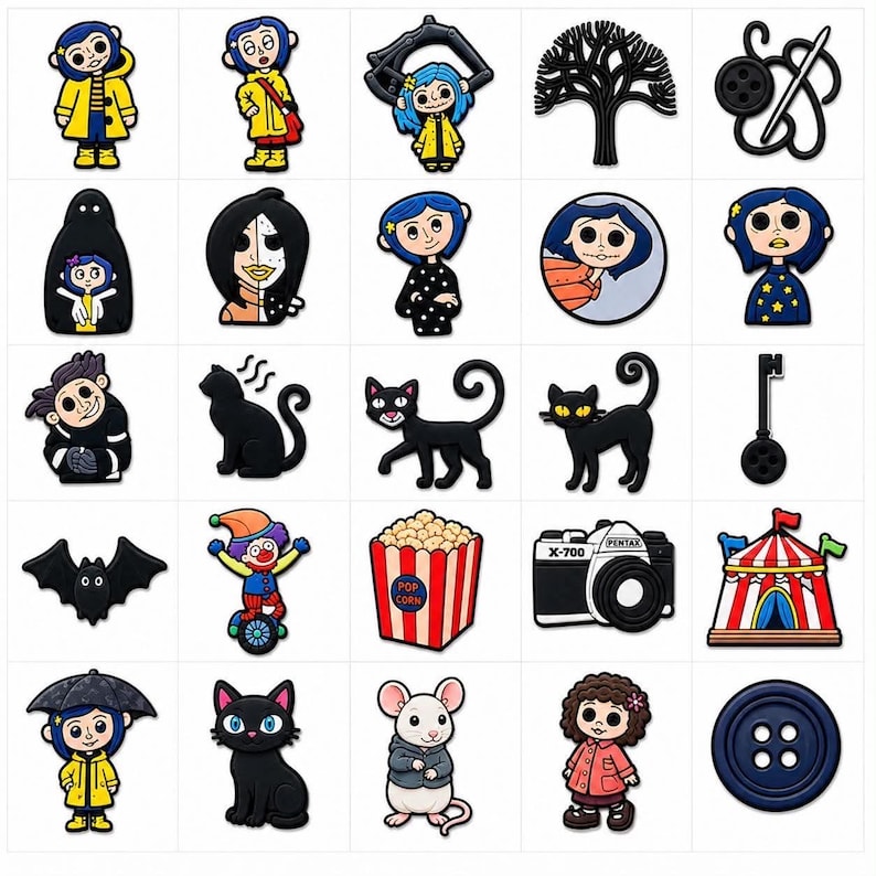 Peut inclure: Une collection de breloques de chaussures color&eacute;es repr&eacute;sentant des personnages et des symboles du film d'animation Coraline. Comprend des breloques de Coraline, un chat noir, une chauve-souris, un chapiteau et une bo&icirc;te de pop-corn.