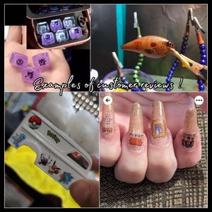 Peut inclure: Un collage d'images pr&eacute;sentant divers articles. Comprend des keycaps personnalis&eacute;s avec des motifs de personnages violets, un leurre de p&ecirc;che, une voiture sur le th&egrave;me de Pok&eacute;mon et du nail art avec du texte et des images. Le texte "Examples of customer reviews!" est &eacute;galement pr&eacute;sent.