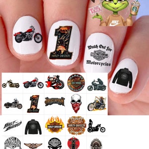 May include: A set of 20 nail decals featuring Harley Davidson motorcycle designs. The decals include a variety of logos, motorcycles, and skulls. The decals are perfect for adding a touch of biker style to your nails.