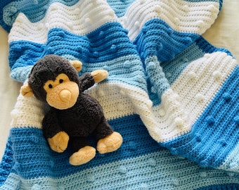 Blue Baby Blanket - Crocheted  Baby Blanket - Knitted Baby Blanket - Blue and White Baby Blanket - Baby Blanket for a Boy - New Baby Gift