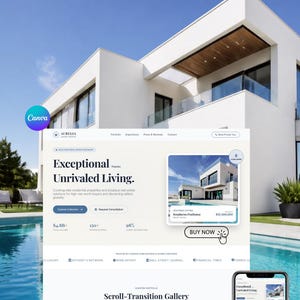 Könnte beinhalten: Eine digitale Vorlage für eine Immobilien-Website mit dem Titel Aurelia Luxury Estates, die ein weißes modernes Haus mit Pool, den Text Exceptional Unrivaled Living, Navigationsmenüs, Immobilienangebote und eine mobile Vorschau zeigt.