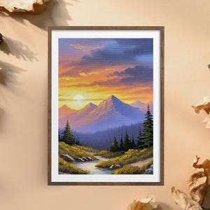 Bob Ross Style Sunset Landscape Print: Vintage River Mountain Art (Digital Download)