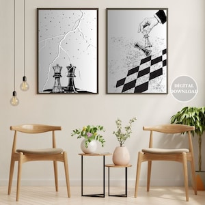 Vintage Chess Posters Set, Retro Game Room Wall Art, Mid Century Digital Download, Minimalist Chess Decor, Printable Chess Prints