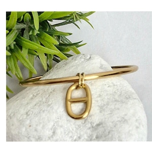 Peut inclure: Un bracelet jonc doré avec un pendentif en forme de lettre "E". Le bracelet est présenté sur une pierre blanche avec un feuillage vert en arrière-plan. Le bijou est simple et élégant.