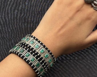 Handmade Emerald Diamond Macrame Bracelet | 925 Sterling Silver Adjustable Boho Jewelry