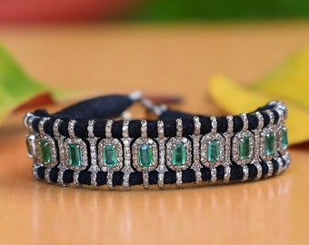 Emerald Diamond Macrame Bracelet | 925 Sterling Silver Adjustable Thread Jewelry for Women