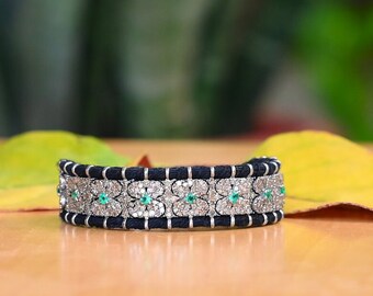 Diamond & Emerald Macrame Bangle Bracelet | 925 Silver Flower Design