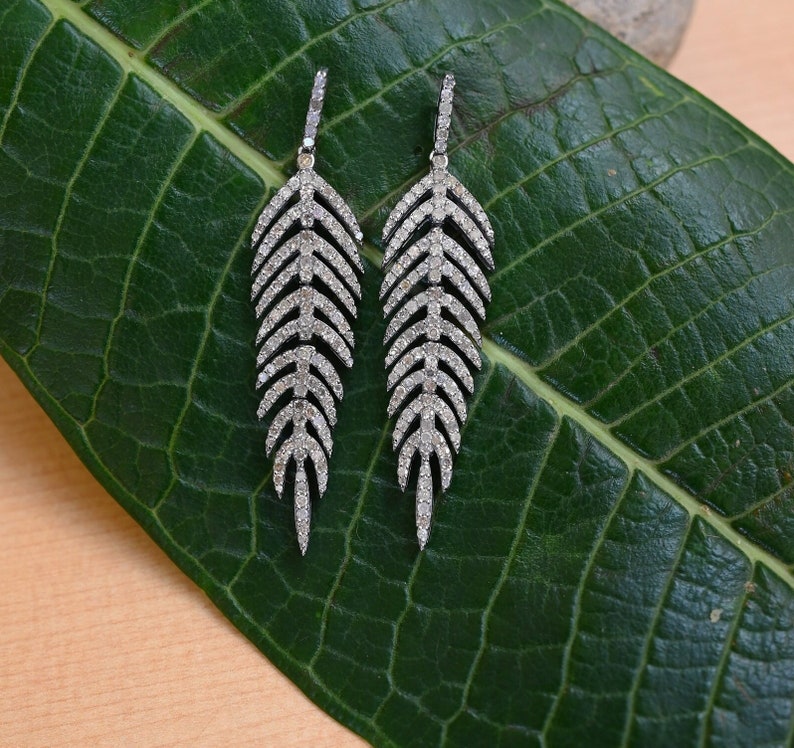 Handcrafted Diamond Feather Long Earrings in 925 Sterling Silver Luxury