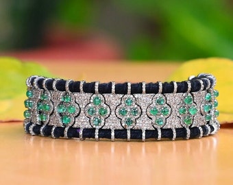 Smaragd Diamant Makramee Armband in 925 Sterling Silber | Luxus handgefertigtes verstellbares Armband