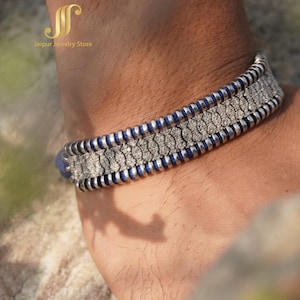 Handmade Diamond Blue Macrame Bracelet | 925 Sterling Silver Cuff | Adjustable Luxury Boho Jewelry