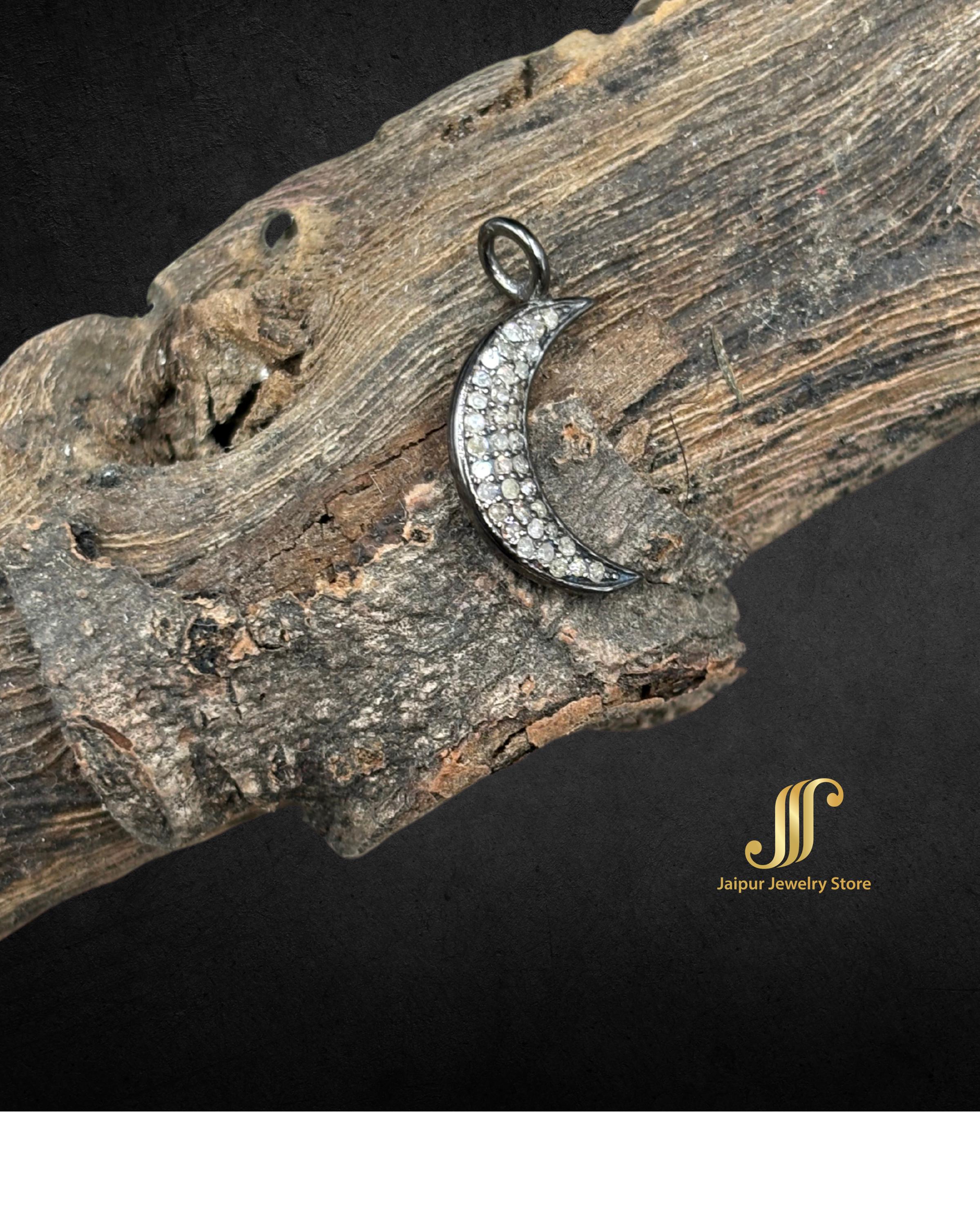 Pave Diamond Crescent Moon Charm Pendant – 925 Sterling Silver Moon ...