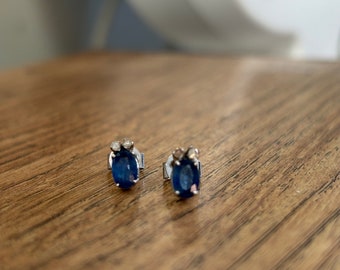 Natural Blue sapphire Studs with Pave diamonds Earrings | Flatback Screwback Blue Studs | Blue gemstone Earrings Gift for her