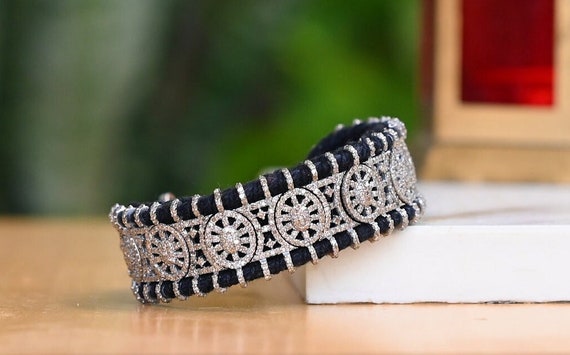 Diamond 925 Sterling Silver Macrame Thread Bangle Bracelet | Handwoven fine artisanal wedding jewelry by Jaipur artisans
