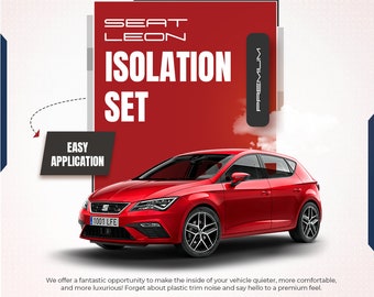 Puede incluir: Un coche rojo Seat Leon con las palabras "SEAT LEON ISOLATION SET" en texto negro sobre fondo rojo. El texto "EASY APPLICATION" está en texto blanco sobre fondo negro. El coche tiene una matrícula que dice "1001 LFE". El texto "PREMIUM" está en texto blanco sobre fondo negro. El texto "TEARNOW" está en texto negro sobre fondo blanco.