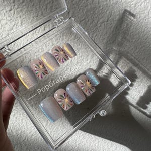 Flash Cat Eye FireGlow Press On Nails | Short Square Nails for Easy Typing | Daily Glow Reflective Nail Set|Twinkle rainbow nails
