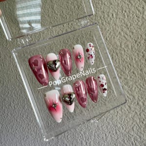 Romantic Pink Heart Press on nails | Sweet Pink Love Nail Set for Valentine&#39;s | Long Heart Shaped Nails